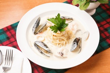 seafood cream pasta on plate