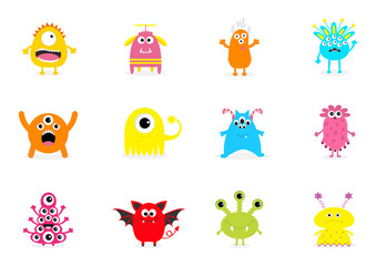 Monster big set. Cute cartoon scary character. Different emotion. Baby collection. White background Isolated. Happy Halloween card. Flat design.