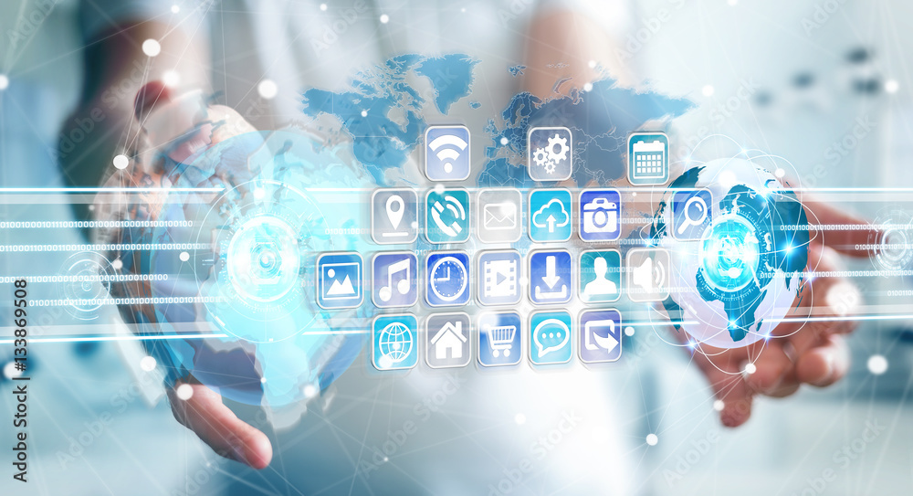 Poster businessman connecting worlds to icons and applications software