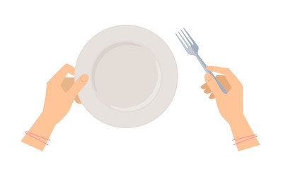 Female hands with steel fork and empty ceramic plate. Flat concept illustration of restaurant and kitchen utensils. Vector elements for web design, social networks and food inforaphics.