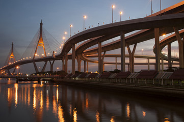 Fototapeta na wymiar Twilight scenic view of The Bhumibol Bridge in Thailand.