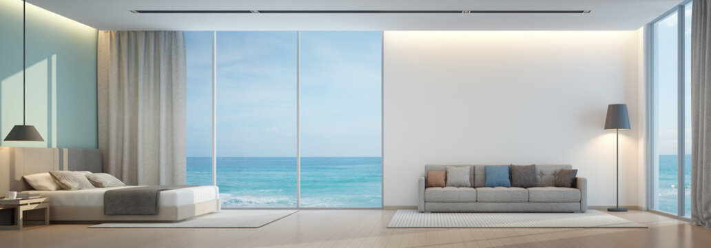 Sea View Bedroom And Living Room In Luxury Beach House - 3D Rendering