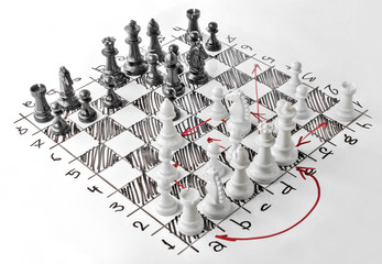 Chess. White board with chess figures on it. Plan of battle. - obrazy, fototapety, plakaty