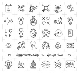 Valentine icon set, flat design line art thin style, Valentines day signs and love symbols. Black mono icons on a white background, Vector illustration