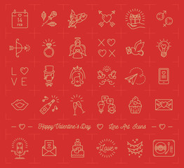 Naklejka premium Valentine icon set, flat design line art thin style, Valentines day signs and love symbols. White mono icons on a red background, Vector illustration