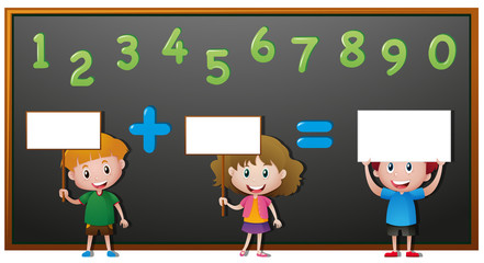 Kids and numbers on blackboard.