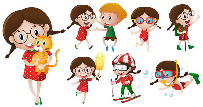 Girl with glasses doing different activities