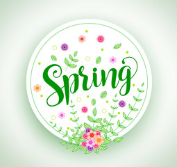 Spring vector design typography in circle with colorful flowers and plants elements in white background for spring season. Vector illustration.

