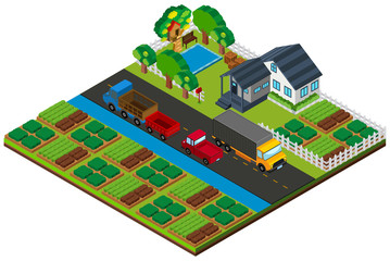 3D design for farmland with house and cars on the road