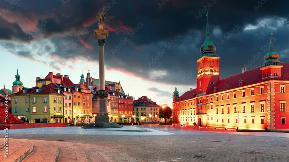 Poster Warsaw, Old town square at sunset, Poland, nobody, Time lapse