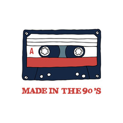 Audio tape with inscription: " Made in the 90s". It can be used for website design, article, poster, t-shirt, mug etc.