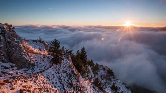 Sun, mountain landcape above clouds, nice nature time lapse 4K