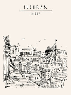 Pushkar, Rajasthan, India. Drawing. Ghats and palaces on holy lake. Puja place. Hindu temple, people bathing, pigeons. Hand drawing. Travel sketch. Book illustration, postcard or poster template