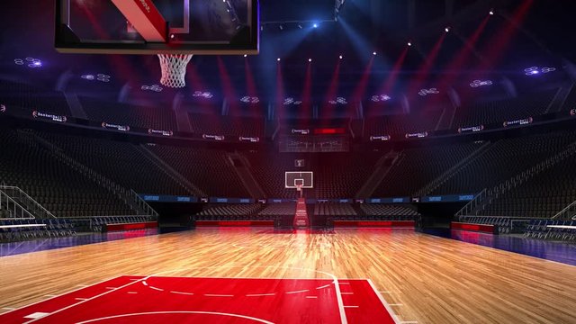 Basketball court without people fan. Sport arena. Ready to start championship. 3d render. Moving lights and flash