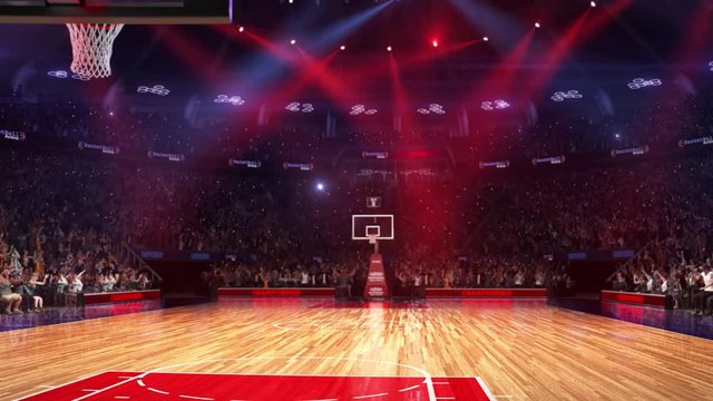 Basketball court with people fan. Sport arena. Ready to start championship. 3d render. Moving lights and flash