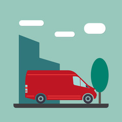 Car or van in the city street with buildings and tree. Flat vector illustration.