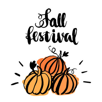 Inscription "Fall Festival" with stylized pumpkin. The inscription  hand-drawing of black ink on a white background. Vector Image.