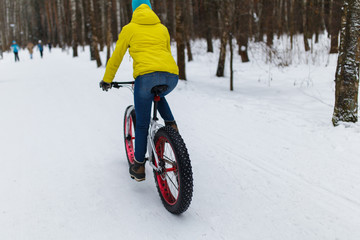 Young woman on winter bicycle