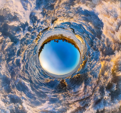 360 180 panorama of snow sunrise wave on the shore of Olkhon. Ba