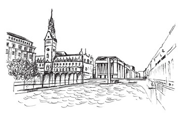Panorama Hamburga. Rysunek ręcznie rysowany na białym tle. - obrazy, fototapety, plakaty