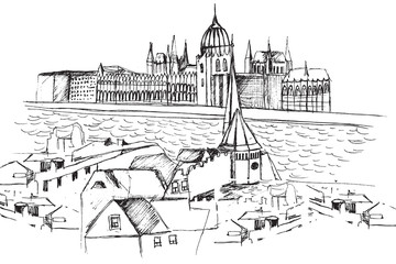 Panorama Budapeszu. Rysunek ręcznie rysowany na białym tle.