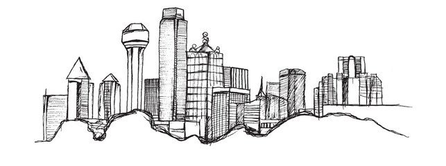 Panorama miasta Dallas. Rysunek ręcznie rysowany na białym tle.