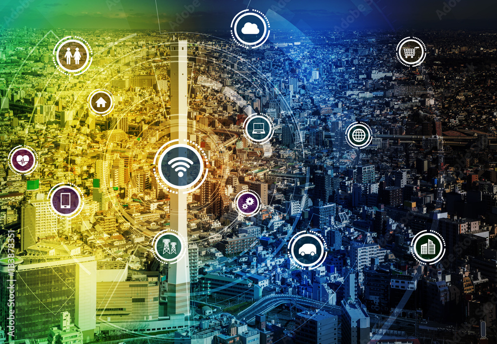Aufkleber smart city and wireless communication network, IoT(Internet of Things), ICT(Information Communication Technology), digital transformation, abstract image visual
