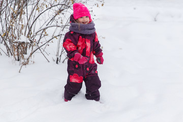 Fototapeta na wymiar Little girl among winter trees