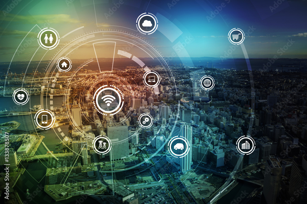 Aufkleber smart city and wireless communication network, iot(internet of things), ict(information communicatio