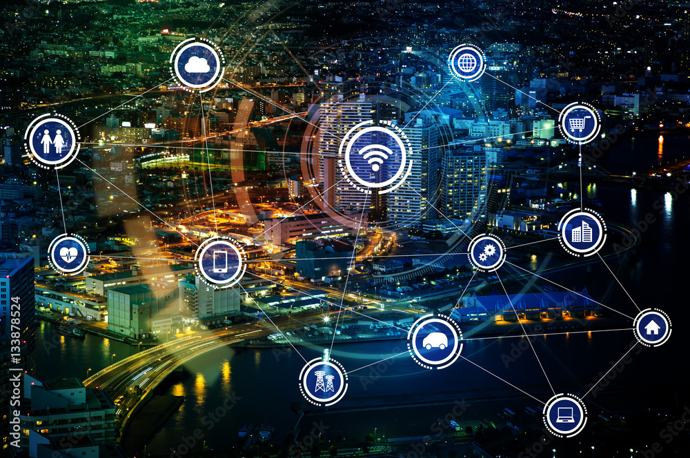 Aufkleber smart city and wireless communication network, iot(internet of things), ict(information communicatio