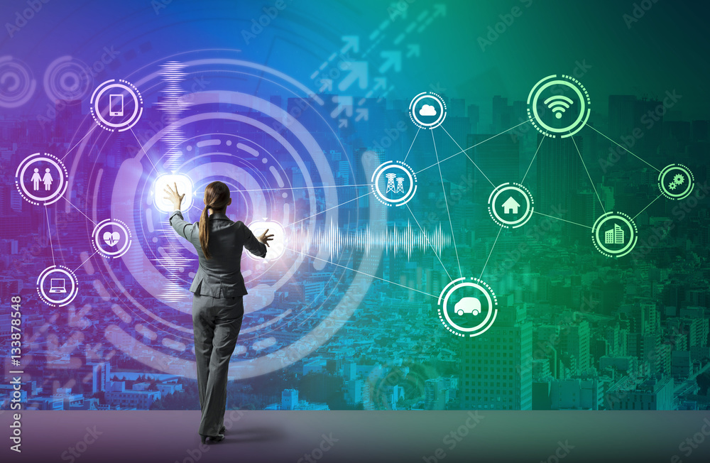 Poster young business person and graphical user interface concept, IoT(Internet of Things), ICT(Information Communication Technology), abstract image visual
