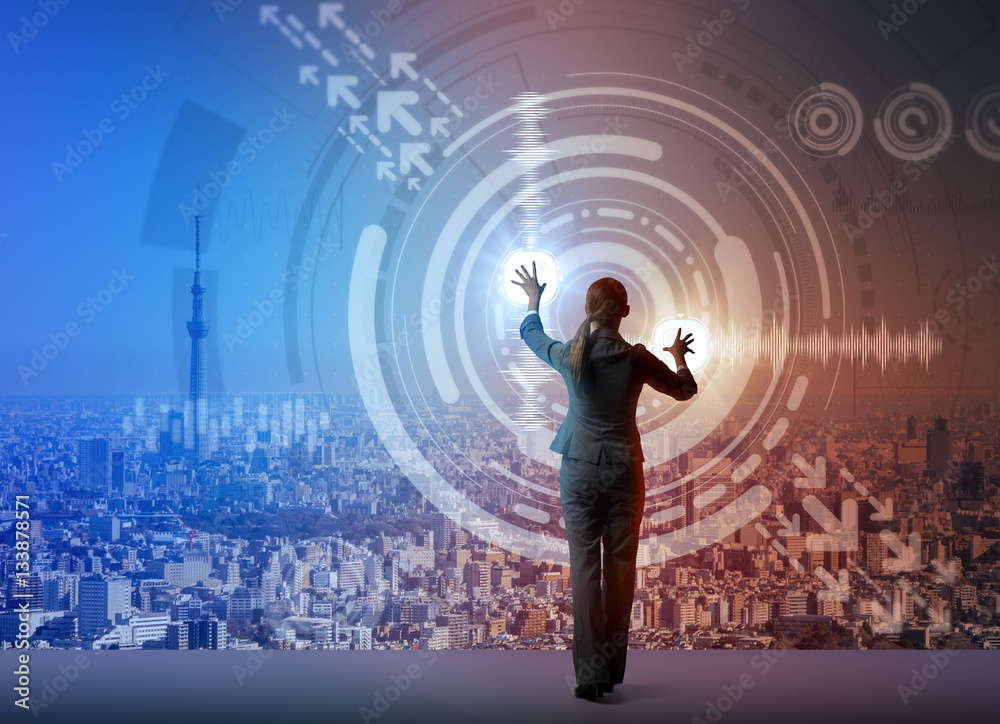 Poster young business person and graphical user interface concept, IoT(Internet of Things), ICT(Information Communication Technology), abstract image visual