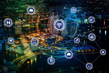 smart city and wireless communication network, IoT(Internet of Things), ICT(Information Communication Technology), digital transformation, abstract image visual