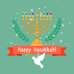 Happy hanukkah square card with menorah candles and bird. Vector illustration