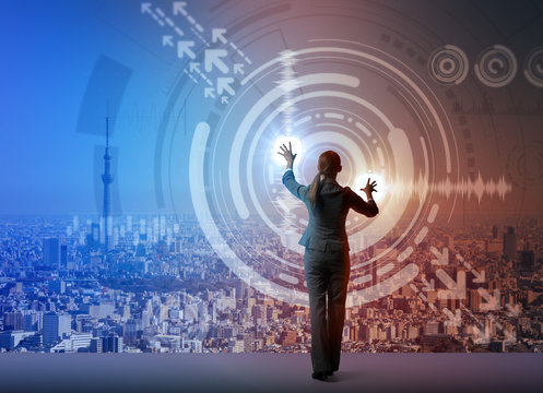 young business person and graphical user interface concept, IoT(Internet of Things), ICT(Information Communication Technology), abstract image visual