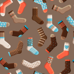 Colorful cartoon cute stylized kids socks, seamless pattern with dark background. Vector illustration