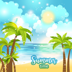 Summer time sea view vector background with palm trees