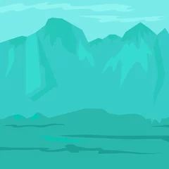 Keuken foto achterwand Koraalgroen Oude prehistorische steentijd blauw landschap met bergen. vector illustratie