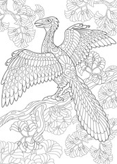 Fototapeta premium Stylized archeopteryx dinosaur, fossil bird of the late Jurassic period. Freehand sketch for adult anti stress coloring book page with doodle and zentangle elements.