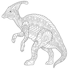 Stylized hadrosaur dinosaur of Cretaceous period, isolated on white background. Freehand sketch for adult anti stress coloring book page with doodle and zentangle elements.