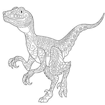 Stylized velociraptor dinosaur of the late Cretaceous period, isolated on white background. Freehand sketch for adult anti stress coloring book page with doodle and zentangle elements.