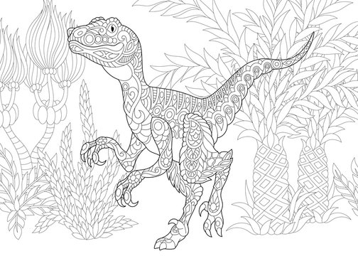 Stylized velociraptor dinosaur of the late Cretaceous period. Freehand sketch for adult anti stress coloring book page with doodle and zentangle elements.