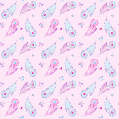 Watercolor seamless hand drawn feather pattern with hearts and bows