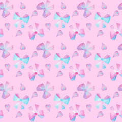Hand drawn watercolor seamless pattern with heart shaped feathers and bows