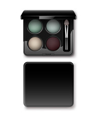 Vector Round MultiColored Pastel Light Cream Blue Turquoise Dark Vinous Eye Shadows in Black Rectangular Plastic Case with Makeup Brush Applicator Top View Isolated on White Background