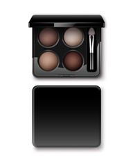 Vector Round MultiColored Pastel Light Brown Cream Ocher Eye Shadows in Black Rectangular Plastic Case with Makeup Brush Applicator Top View Isolated on White Background