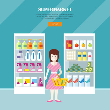 Supermarket Concept Web Banner in Flat Design.