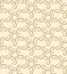 Seamless lace pattern. Vintage abstract texture. Spiral, twirl figures of laurel leaves. Olive, light yellow contrast colored background. Vector