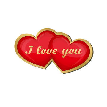 I love you. Two red hearts isolated in a gold frame. Creative design for Valentine's day. Vector illustration