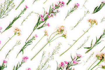 Floral pattern with pink and beige wildflowers, green leaves, branches on white background. Flat lay, top view. Valentine's background